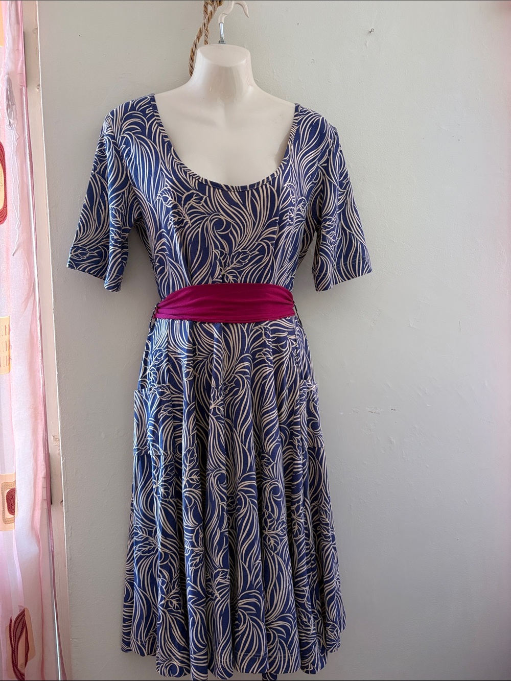 Blue and White Swirl Midi Dress with Magenta Waistband.  Cotton